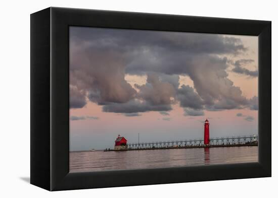 Sunrise Clouds over Lake Michigan and the Grand Haven Lighthouse in Grand Haven, Michigan, Usa-Chuck Haney-Framed Premier Image Canvas