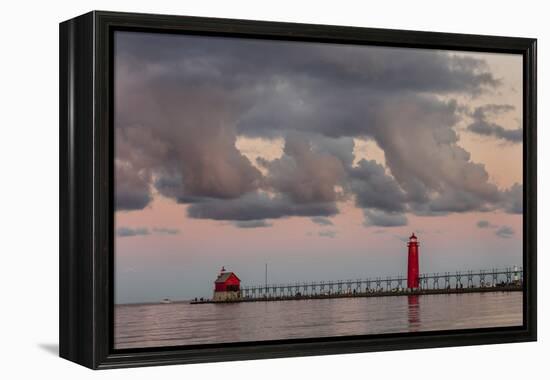 Sunrise Clouds over Lake Michigan and the Grand Haven Lighthouse in Grand Haven, Michigan, Usa-Chuck Haney-Framed Premier Image Canvas