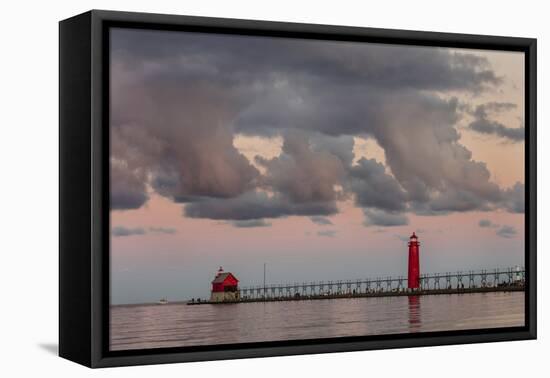 Sunrise Clouds over Lake Michigan and the Grand Haven Lighthouse in Grand Haven, Michigan, Usa-Chuck Haney-Framed Premier Image Canvas