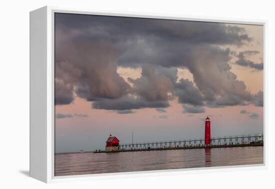 Sunrise Clouds over Lake Michigan and the Grand Haven Lighthouse in Grand Haven, Michigan, Usa-Chuck Haney-Framed Premier Image Canvas