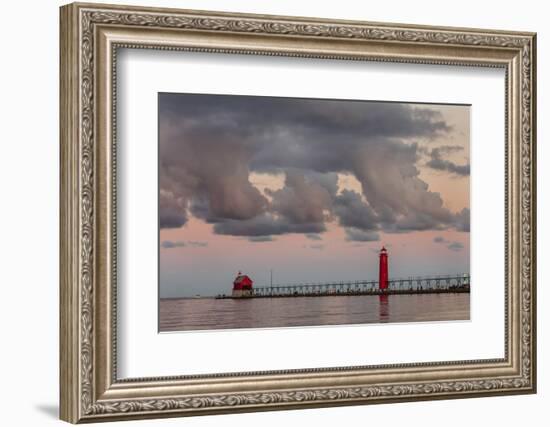 Sunrise Clouds over Lake Michigan and the Grand Haven Lighthouse in Grand Haven, Michigan, Usa-Chuck Haney-Framed Photographic Print