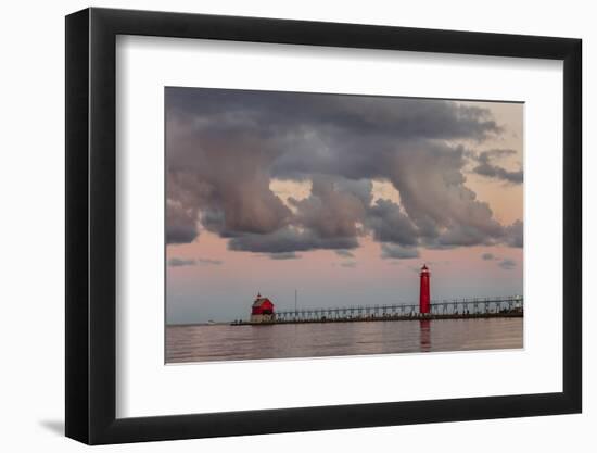 Sunrise Clouds over Lake Michigan and the Grand Haven Lighthouse in Grand Haven, Michigan, Usa-Chuck Haney-Framed Photographic Print