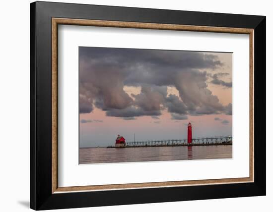 Sunrise Clouds over Lake Michigan and the Grand Haven Lighthouse in Grand Haven, Michigan, Usa-Chuck Haney-Framed Photographic Print