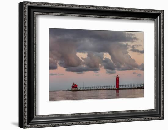 Sunrise Clouds over Lake Michigan and the Grand Haven Lighthouse in Grand Haven, Michigan, Usa-Chuck Haney-Framed Photographic Print