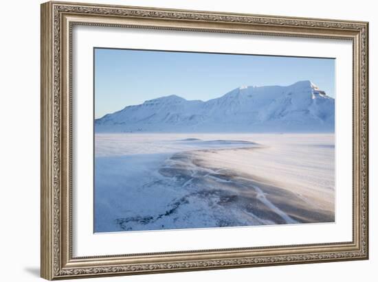 Sunrise, Hiorthfjellet Mountain and Adventtoppen Mountain across Adventdalen, Spitsbergen-Stephen Studd-Framed Photographic Print