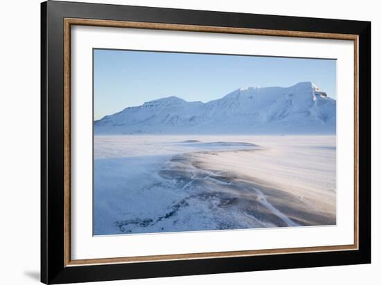 Sunrise, Hiorthfjellet Mountain and Adventtoppen Mountain across Adventdalen, Spitsbergen-Stephen Studd-Framed Photographic Print