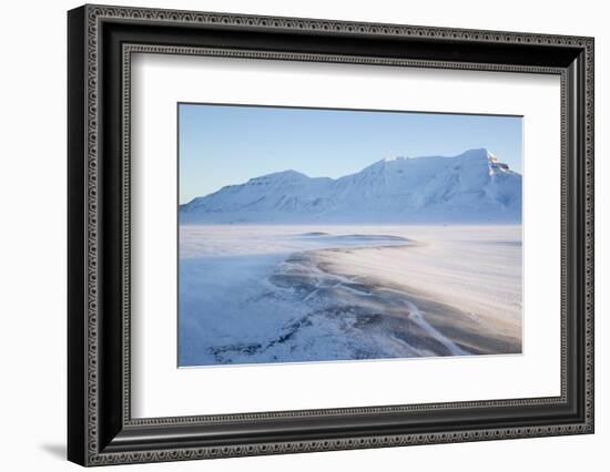 Sunrise, Hiorthfjellet Mountain and Adventtoppen Mountain across Adventdalen, Spitsbergen-Stephen Studd-Framed Photographic Print