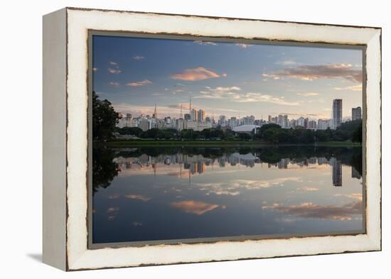 Sunrise in Ibirapuera Park with a Reflection of the Sao Paulo Skyline-Alex Saberi-Framed Premier Image Canvas