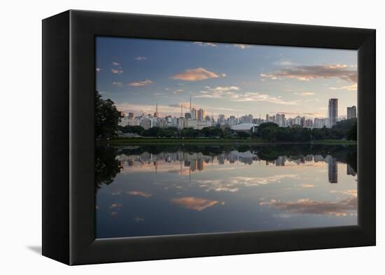 Sunrise in Ibirapuera Park with a Reflection of the Sao Paulo Skyline-Alex Saberi-Framed Premier Image Canvas