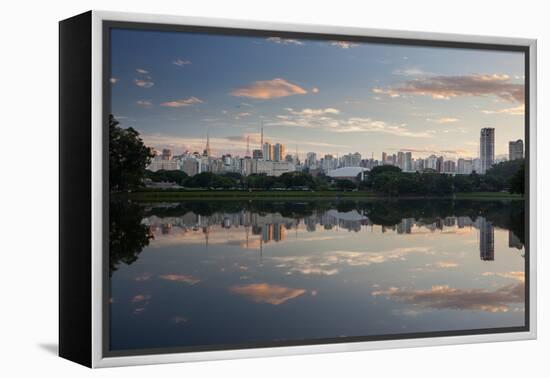 Sunrise in Ibirapuera Park with a Reflection of the Sao Paulo Skyline-Alex Saberi-Framed Premier Image Canvas