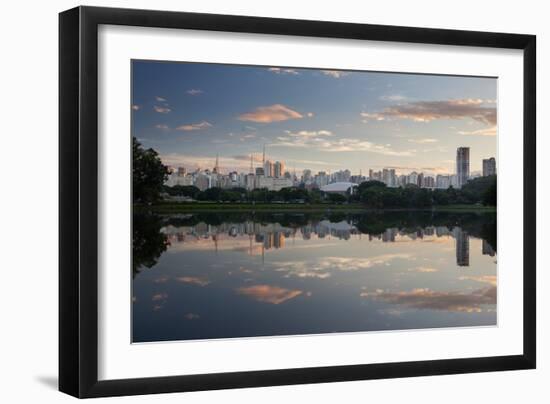 Sunrise in Ibirapuera Park with a Reflection of the Sao Paulo Skyline-Alex Saberi-Framed Photographic Print