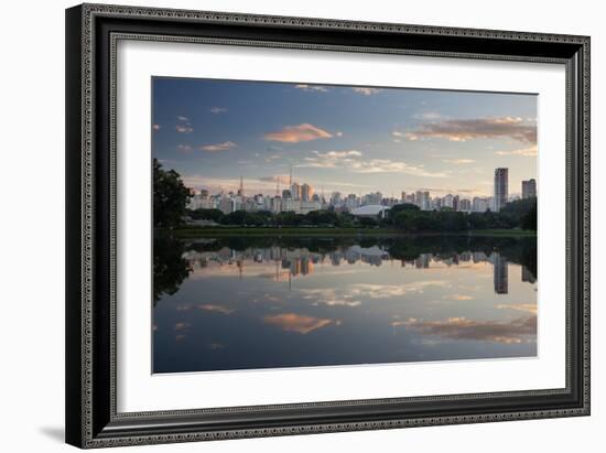 Sunrise in Ibirapuera Park with a Reflection of the Sao Paulo Skyline-Alex Saberi-Framed Photographic Print