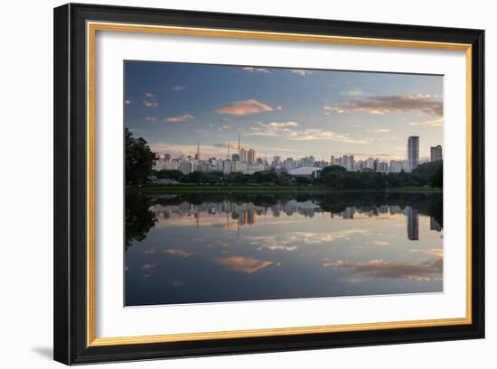 Sunrise in Ibirapuera Park with a Reflection of the Sao Paulo Skyline-Alex Saberi-Framed Photographic Print