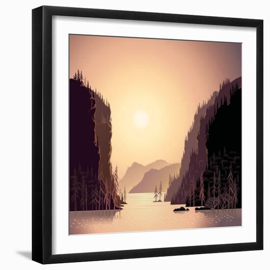 Sunrise in Wild Nature, Landscape with Mountains and Water, Taiga and Forest.-Rustic-Framed Art Print