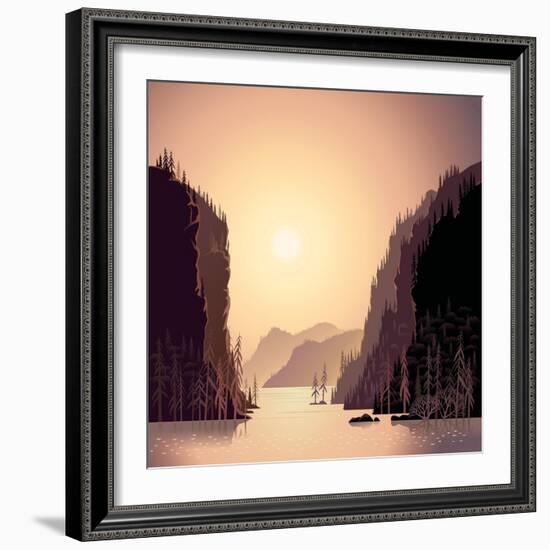 Sunrise in Wild Nature, Landscape with Mountains and Water, Taiga and Forest.-Rustic-Framed Art Print