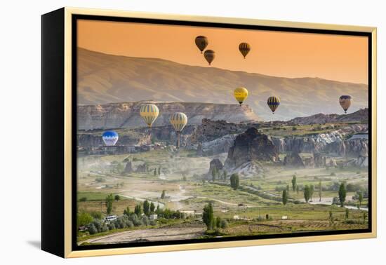 Sunrise Landscape with Hot Air Balloons, Goreme, Cappadocia, Turkey-Stefano Politi Markovina-Framed Premier Image Canvas