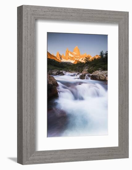 Sunrise Mount Fitz Roy (Cerro Chalten) and Waterfall on Lago De Los Tres Hike, Patagonia, Argentina-Matthew Williams-Ellis-Framed Photographic Print