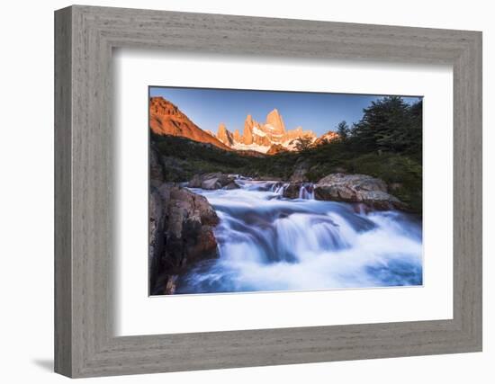 Sunrise Mount Fitz Roy (Cerro Chalten) and Waterfall on Lago De Los Tres Hike, Patagonia, Argentina-Matthew Williams-Ellis-Framed Photographic Print