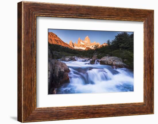 Sunrise Mount Fitz Roy (Cerro Chalten) and Waterfall on Lago De Los Tres Hike, Patagonia, Argentina-Matthew Williams-Ellis-Framed Photographic Print