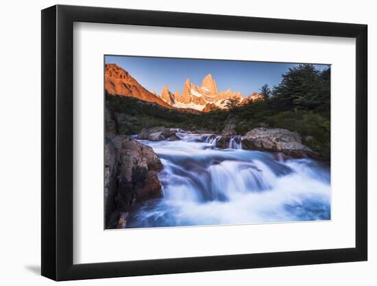 Sunrise Mount Fitz Roy (Cerro Chalten) and Waterfall on Lago De Los Tres Hike, Patagonia, Argentina-Matthew Williams-Ellis-Framed Photographic Print