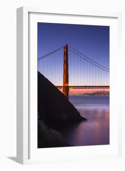 Sunrise Of A Single Bridge Of The Golden Gate Bridge, With The San Francisco Skyline And Bay Bridge-Joe Azure-Framed Photographic Print