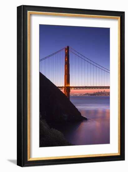 Sunrise Of A Single Bridge Of The Golden Gate Bridge, With The San Francisco Skyline And Bay Bridge-Joe Azure-Framed Photographic Print