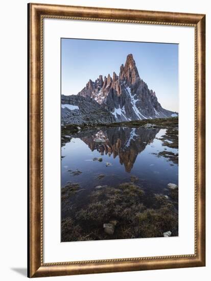 Sunrise of Mount Paterno reflected in a puddle, Natural Park Three Peaks,Sesto Pusteria,Bolzano dis-Filippo Manaigo-Framed Photographic Print