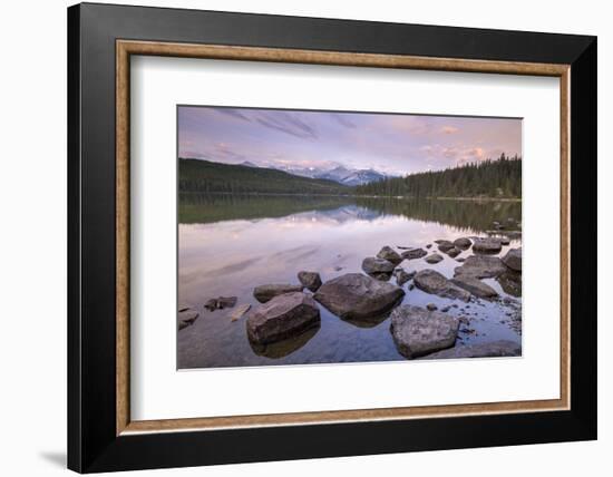 Sunrise on a beautiful reflective lake in the Canadian Rockies, Jasper National Park-Adam Burton-Framed Photographic Print