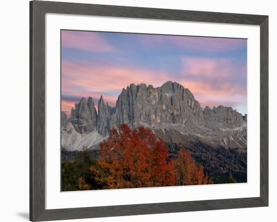 Sunrise on Catinaccio Rosengarten and Torri Del Vajolet in autumn, Tires Valley, Dolomites, South T-Roberto Moiola-Framed Photographic Print