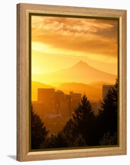 Sunrise on Mt Hood and Downtown, Portland, Oregon, USA-Janis Miglavs-Framed Premier Image Canvas