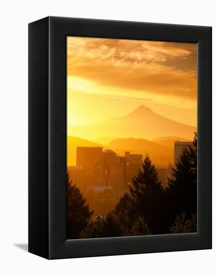 Sunrise on Mt Hood and Downtown, Portland, Oregon, USA-Janis Miglavs-Framed Premier Image Canvas