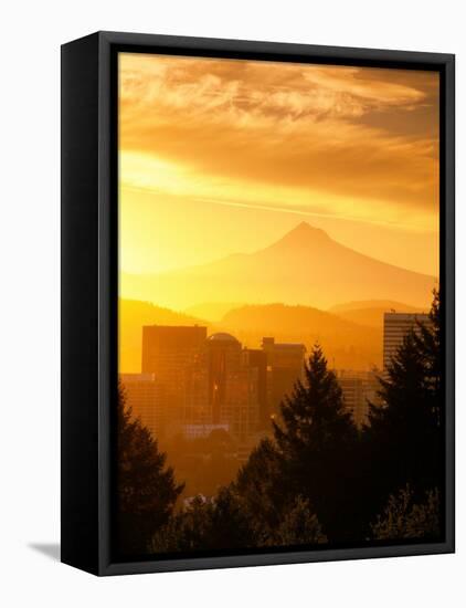Sunrise on Mt Hood and Downtown, Portland, Oregon, USA-Janis Miglavs-Framed Premier Image Canvas