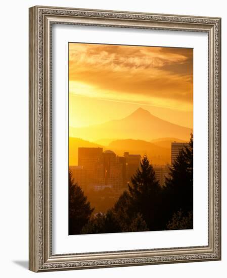 Sunrise on Mt Hood and Downtown, Portland, Oregon, USA-Janis Miglavs-Framed Photographic Print