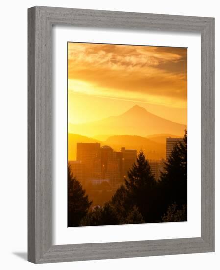 Sunrise on Mt Hood and Downtown, Portland, Oregon, USA-Janis Miglavs-Framed Photographic Print