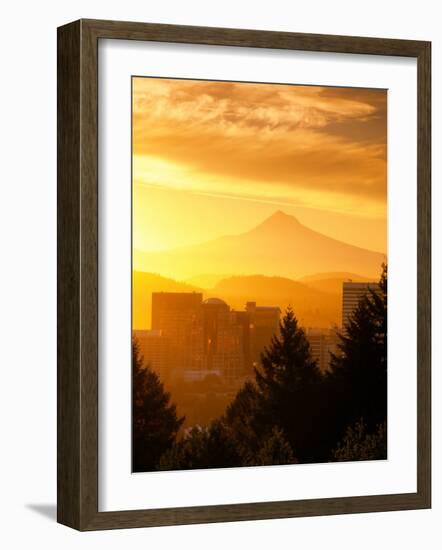 Sunrise on Mt Hood and Downtown, Portland, Oregon, USA-Janis Miglavs-Framed Photographic Print