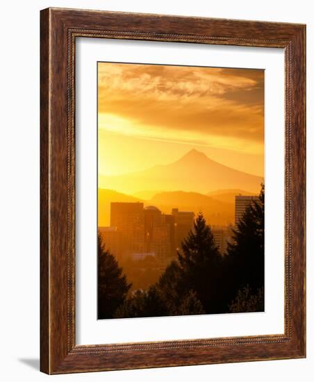 Sunrise on Mt Hood and Downtown, Portland, Oregon, USA-Janis Miglavs-Framed Photographic Print