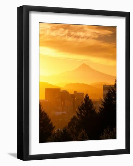 Sunrise on Mt Hood and Downtown, Portland, Oregon, USA-Janis Miglavs-Framed Photographic Print