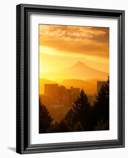 Sunrise on Mt Hood and Downtown, Portland, Oregon, USA-Janis Miglavs-Framed Photographic Print