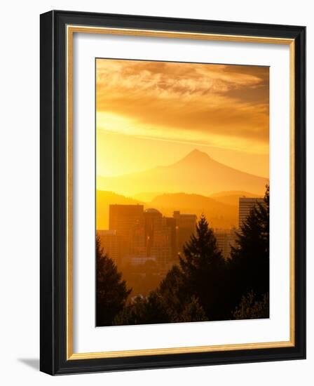 Sunrise on Mt Hood and Downtown, Portland, Oregon, USA-Janis Miglavs-Framed Photographic Print