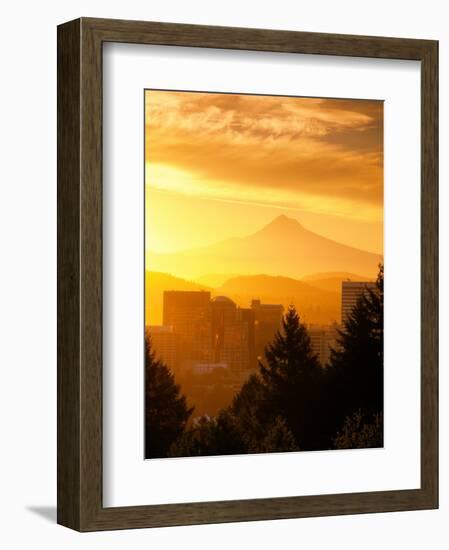 Sunrise on Mt Hood and Downtown, Portland, Oregon, USA-Janis Miglavs-Framed Photographic Print