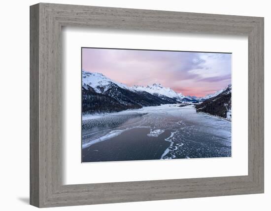 Sunrise on the snowcapped mountains and frozen Lake Silvaplana, aerial view, Maloja-Roberto Moiola-Framed Photographic Print