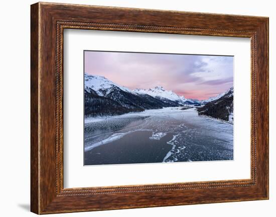 Sunrise on the snowcapped mountains and frozen Lake Silvaplana, aerial view, Maloja-Roberto Moiola-Framed Photographic Print