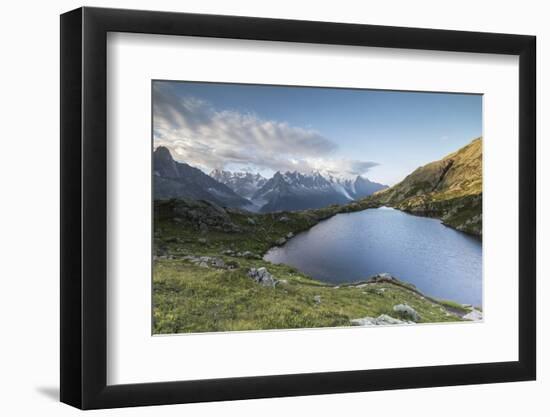 Sunrise on the snowy peaks of Mont Blanc massif seen from Lacs De Cheserys, Chamonix, Haute Savoie,-Roberto Moiola-Framed Photographic Print