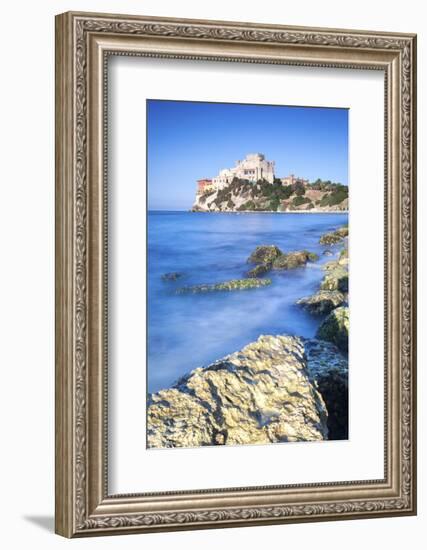 Sunrise on turquoise sea frames the medieval Falconara Castle, Butera, Province of Caltanissetta, S-Roberto Moiola-Framed Photographic Print