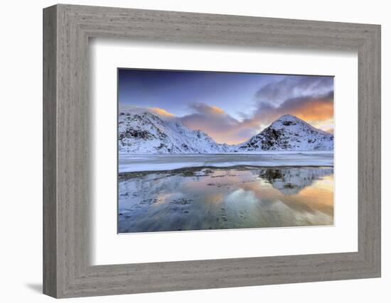 Sunrise on Uttakleiv Beach Surrounded by Snow Covered Mountains Reflected in the Cold Sea-Roberto Moiola-Framed Photographic Print