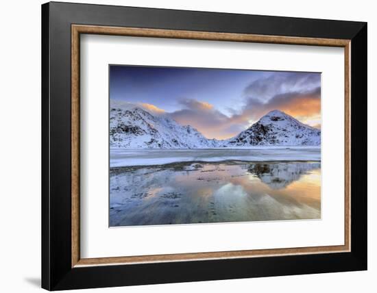 Sunrise on Uttakleiv Beach Surrounded by Snow Covered Mountains Reflected in the Cold Sea-Roberto Moiola-Framed Photographic Print