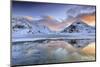 Sunrise on Uttakleiv Beach Surrounded by Snow Covered Mountains Reflected in the Cold Sea-Roberto Moiola-Mounted Photographic Print