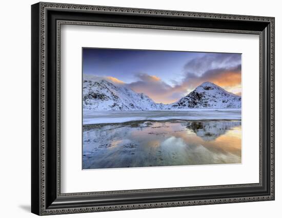 Sunrise on Uttakleiv Beach Surrounded by Snow Covered Mountains Reflected in the Cold Sea-Roberto Moiola-Framed Photographic Print