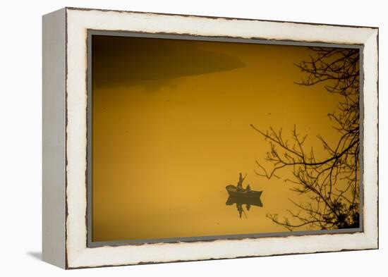 Sunrise over a Boat on the Taj Mahal Lake, Agra, Uttar Pradesh, India, Asia-Laura Grier-Framed Premier Image Canvas