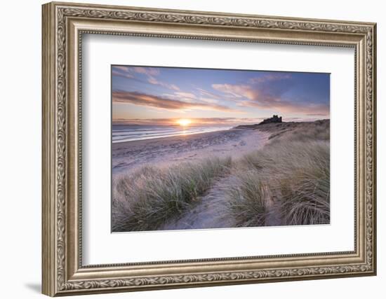 Sunrise over Bamburgh Beach and Castle from the Sand Dunes, Northumberland, England. Spring (March)-Adam Burton-Framed Photographic Print